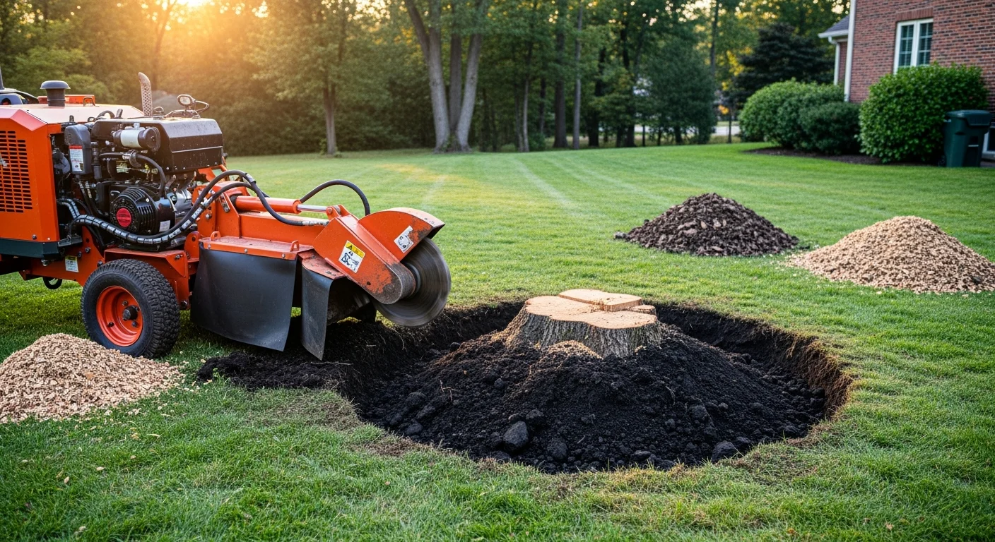 Stump grinding equipment removing tree stump from residential yard