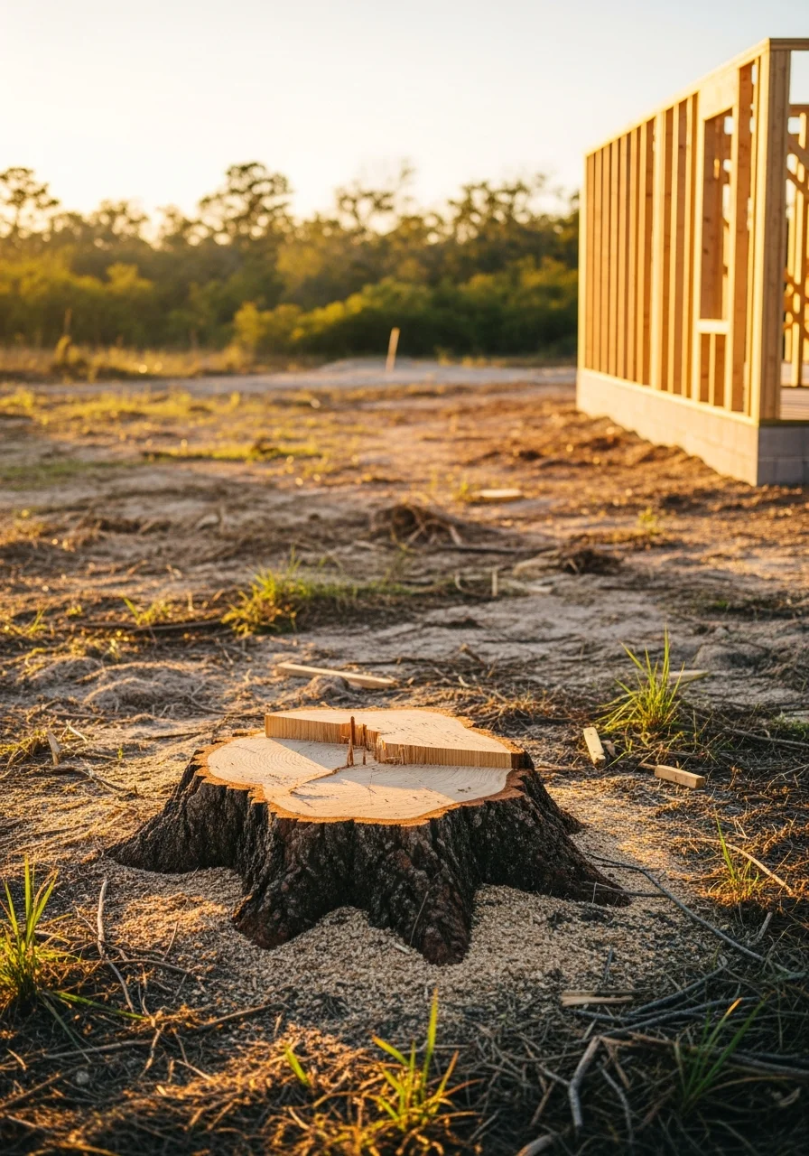 Professional team member on a Brunswick County residential lot with new construction framing visible.
