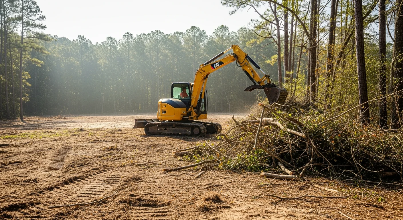 A cleared residential lot in Horry County, South Carolina after brush removal, showing open ground free of overgrown shrubs and dense undergrowth. An excavator is visible at the edge of the cleared area with cut vegetation staged for removal.