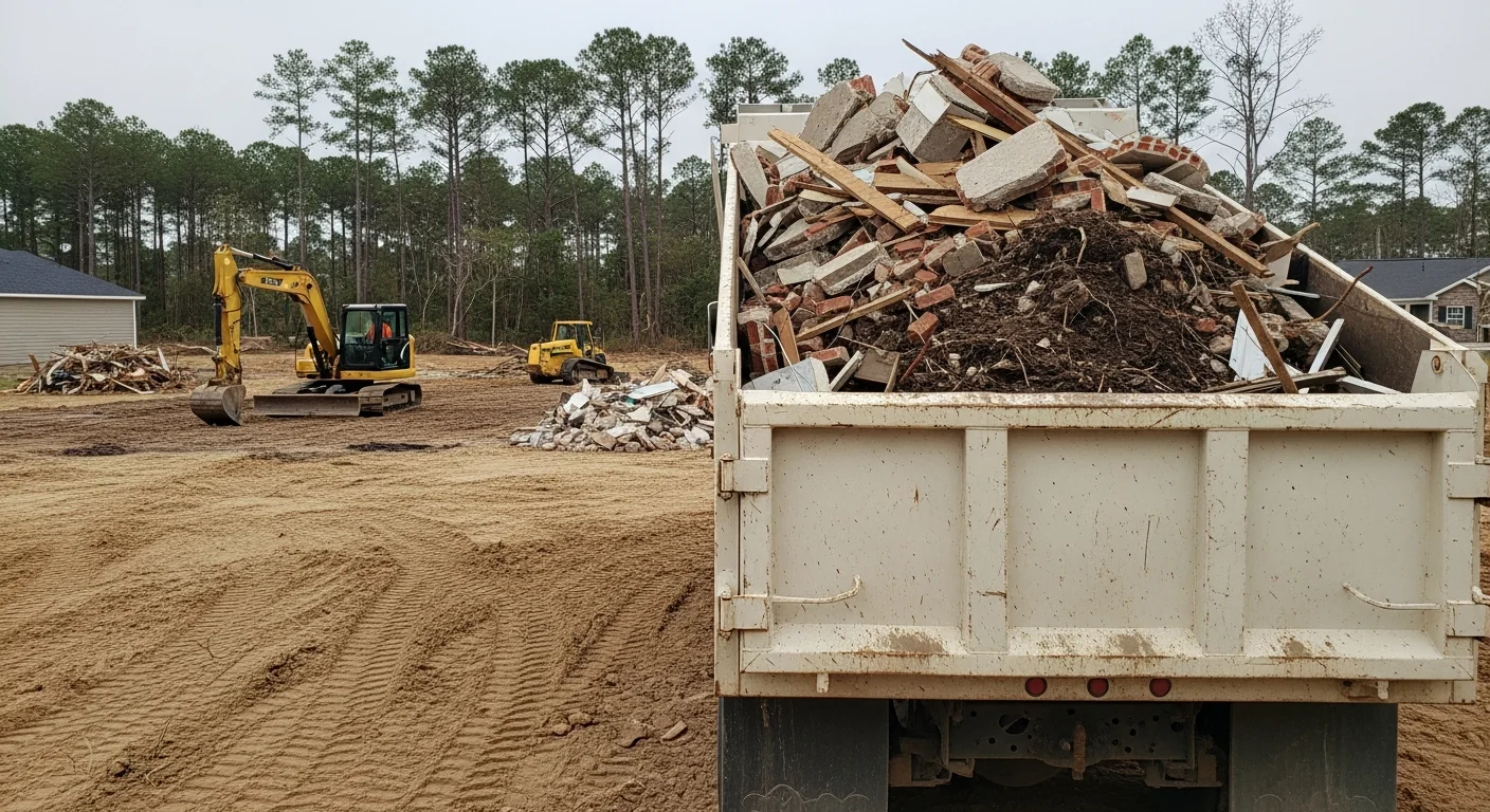 A cleared excavation site in Horry County, South Carolina, with concrete rubble, mixed construction debris, and land-clearing waste loaded into a haul truck. The surrounding lot is flat and open, showing a clean site after debris removal by an excavation contractor.