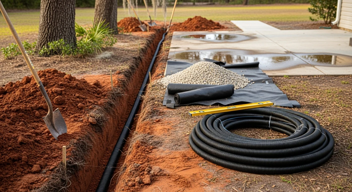 Completed drainage installation on a flat residential lot in Horry County, South Carolina, showing a channel drain set flush with a hardscape patio surface and graded yard directing water away from the home.