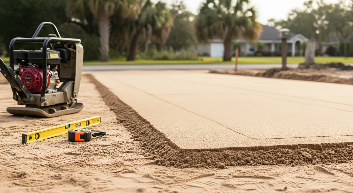 A newly installed hardscape driveway at a residential property in Horry County, South Carolina, showing a clean, level surface with graded edges directing water away from the home. The finished installation connects the street to the garage on a sandy coastal lot typical of the Horry County area.
