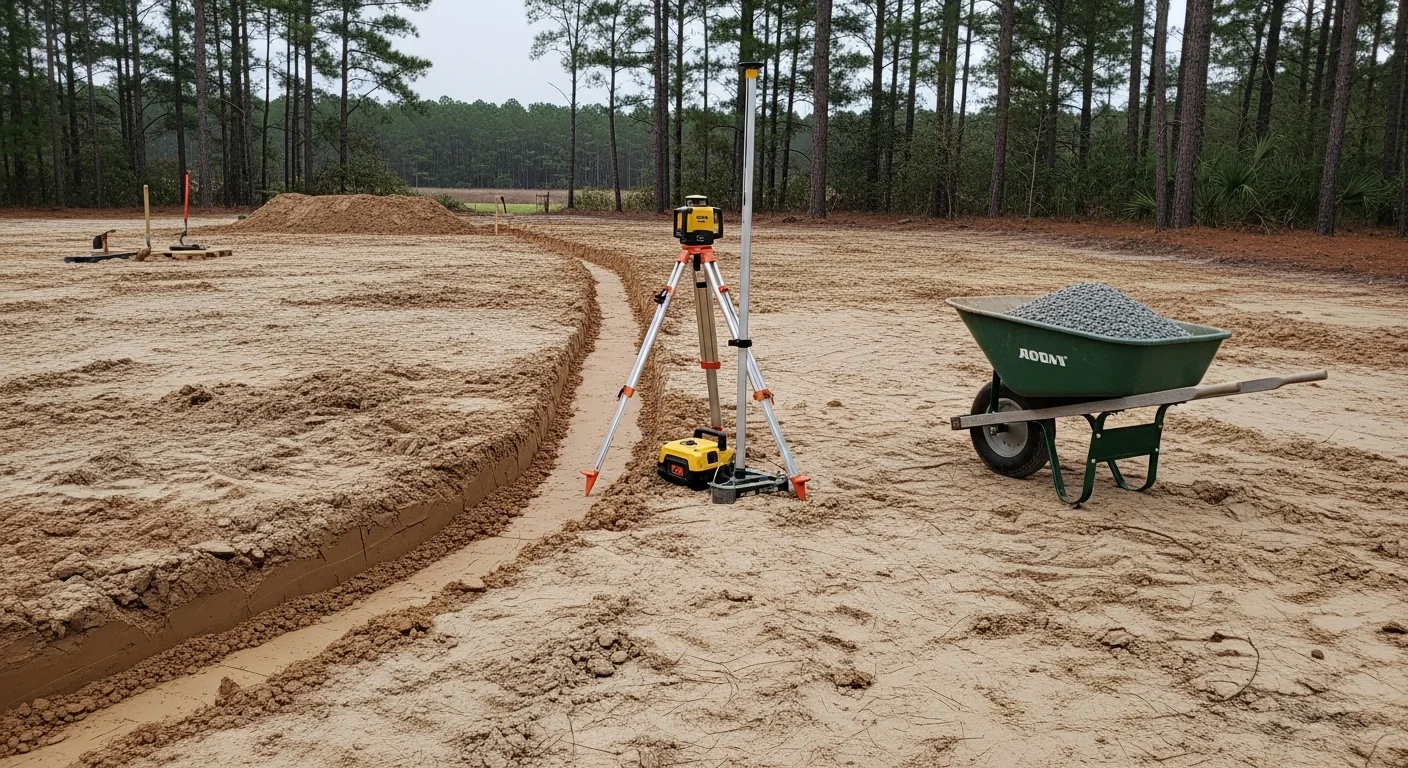 A freshly graded residential yard in Horry County, South Carolina, with reshaped soil sloping away from the home's foundation toward a drainage swale. The surrounding lawn shows no standing water following a rain event.