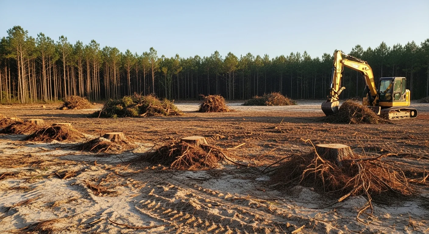A cleared residential lot in Horry County, South Carolina, with stumps and brush removed and bare sandy soil graded and ready for construction. An excavator is visible at the edge of the cleared site near a tree line.