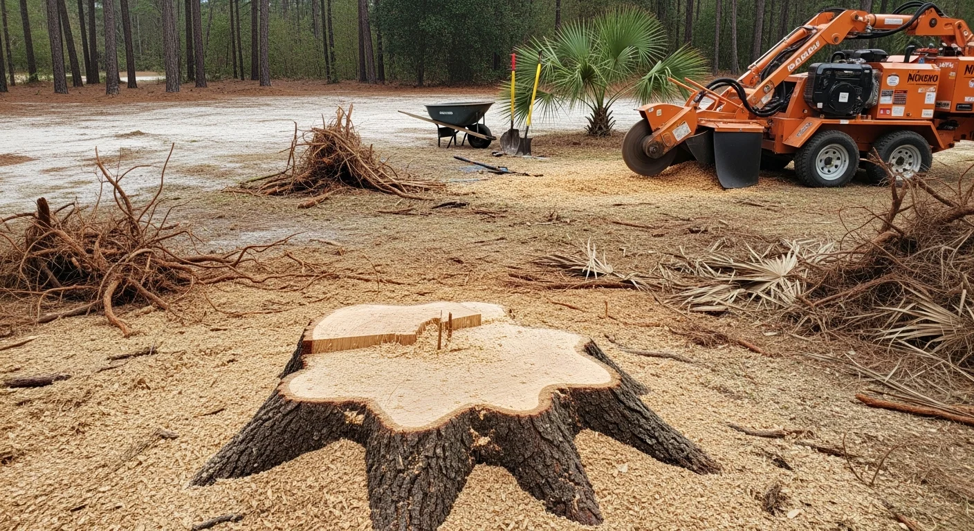A large tree stump freshly ground down to below ground level in a residential yard in Horry County, South Carolina. The surrounding lawn is intact and a pile of wood chips sits beside the cleared, level soil patch.