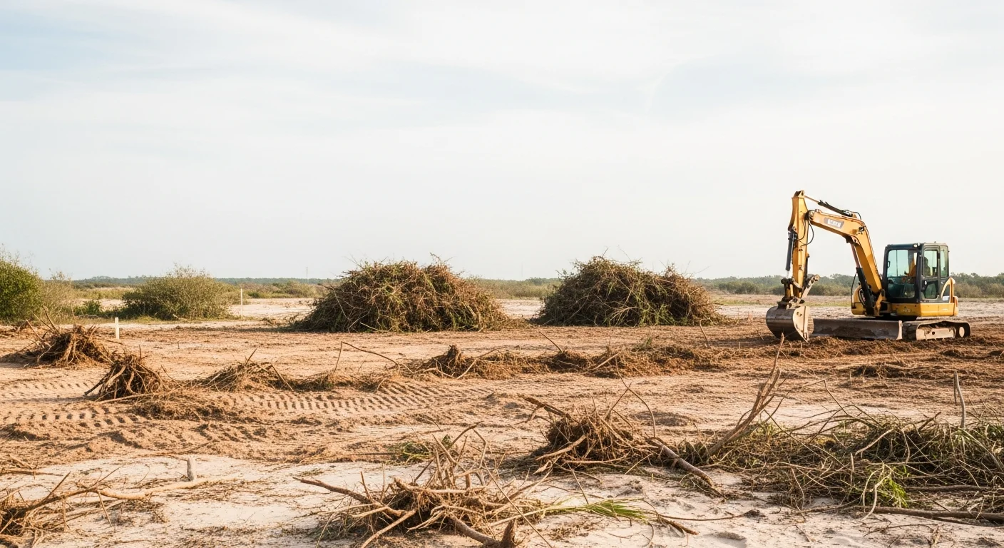 A freshly cleared residential lot in Horry County, South Carolina, with stumps and brush removed and bare soil graded and ready for construction. An excavator is visible at the edge of the cleared site near a tree line.