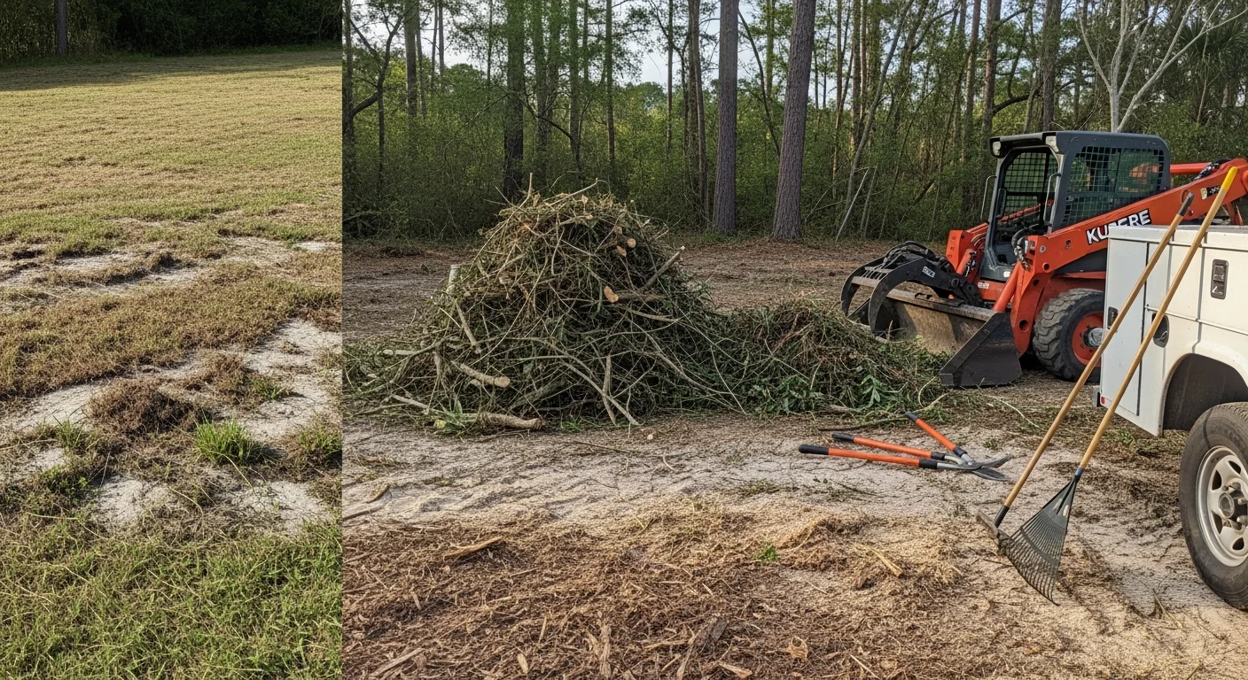 A cleared residential lot in Horry County, South Carolina, showing cut-back brush lines, removed debris, and open ground after overgrown property cleanup. Before-and-after view of a previously dense, overgrown parcel restored to a clean, manageable condition.