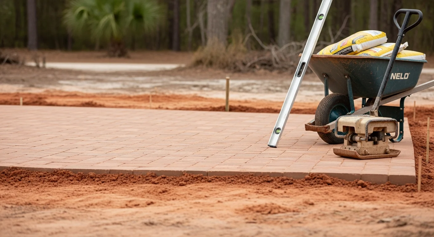 Completed hardscape patio installation in a residential backyard in Horry County, SC, showing a level paved surface with clean edge lines adjacent to a single-story home. The patio extends from the rear door into a graded outdoor space suited for seating and entertaining.