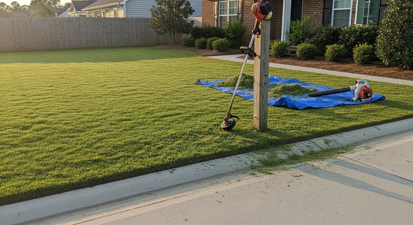 A well-maintained residential lawn in Horry County, South Carolina, with clean-edged driveways, trimmed plant beds, and evenly mowed warm-season grass. A Sholmes Consulting LLC crew performs routine landscape maintenance on a coastal property.