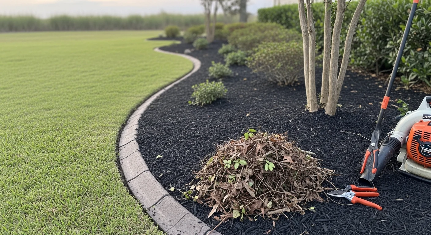 A cleared and edged landscape bed at a Horry County residential property after seasonal cleanup, with trimmed shrubs and debris-free turf edges. Storm debris and leaf buildup have been removed, leaving clean bed lines and a well-maintained lawn.