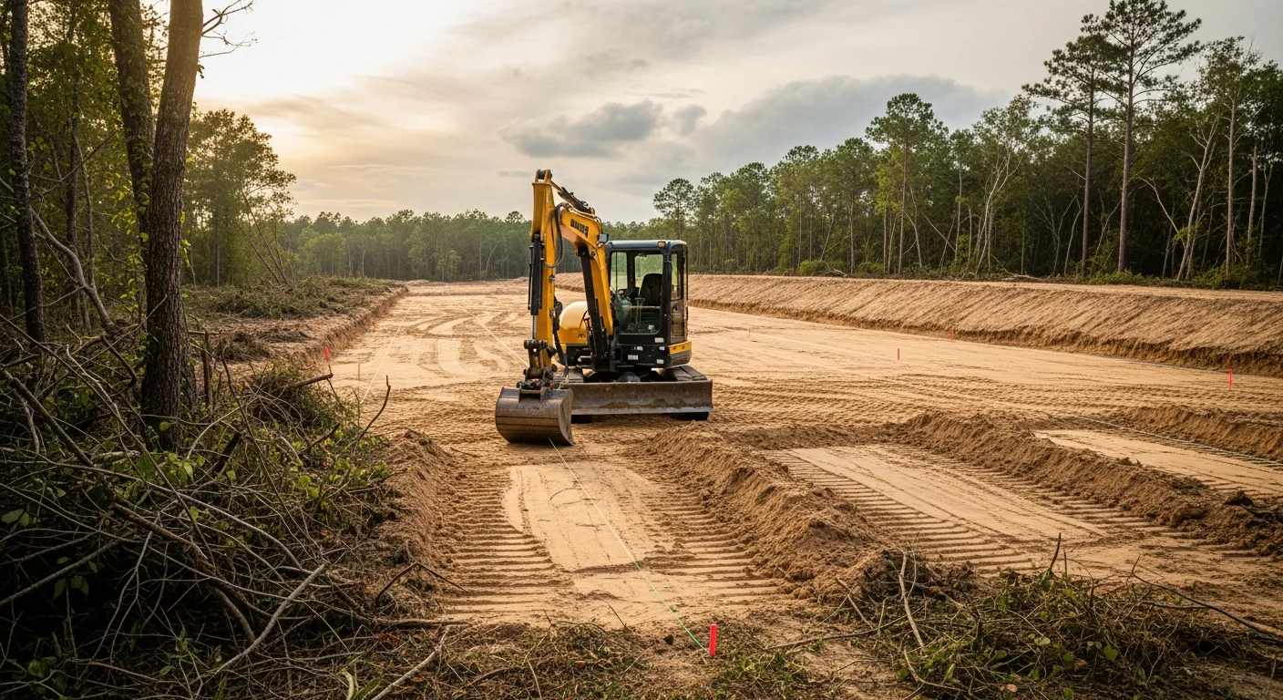 A graded and cleared construction lot in Horry County, South Carolina, with exposed soil leveled and ready for foundation work. An excavator sits at the edge of the prepared site with surrounding tree line visible in the background.