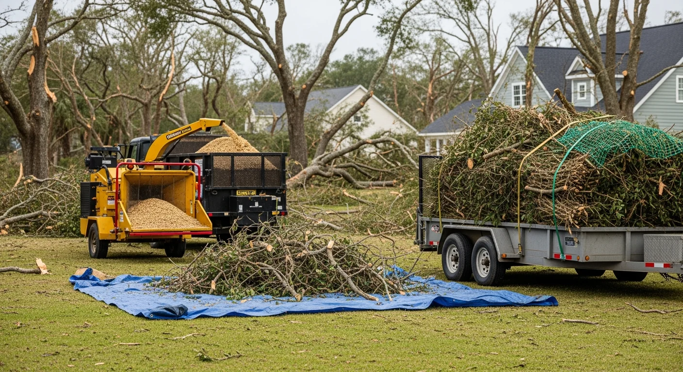 A cleared residential yard in Horry County, SC after storm debris removal, showing a clean lawn with no fallen branches or scattered brush. Piles of removed tree limbs and vegetative waste are staged near the property edge, ready for hauling.