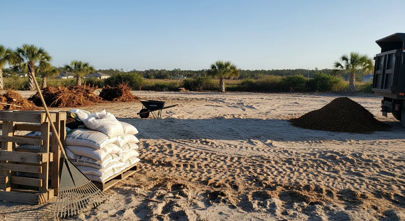 A cleared residential yard in Horry County, SC after stump debris removal, showing a level patch of bare soil where a tree stump once stood. Wood chips and root fragments have been hauled away, leaving the ground ready for landscaping.
