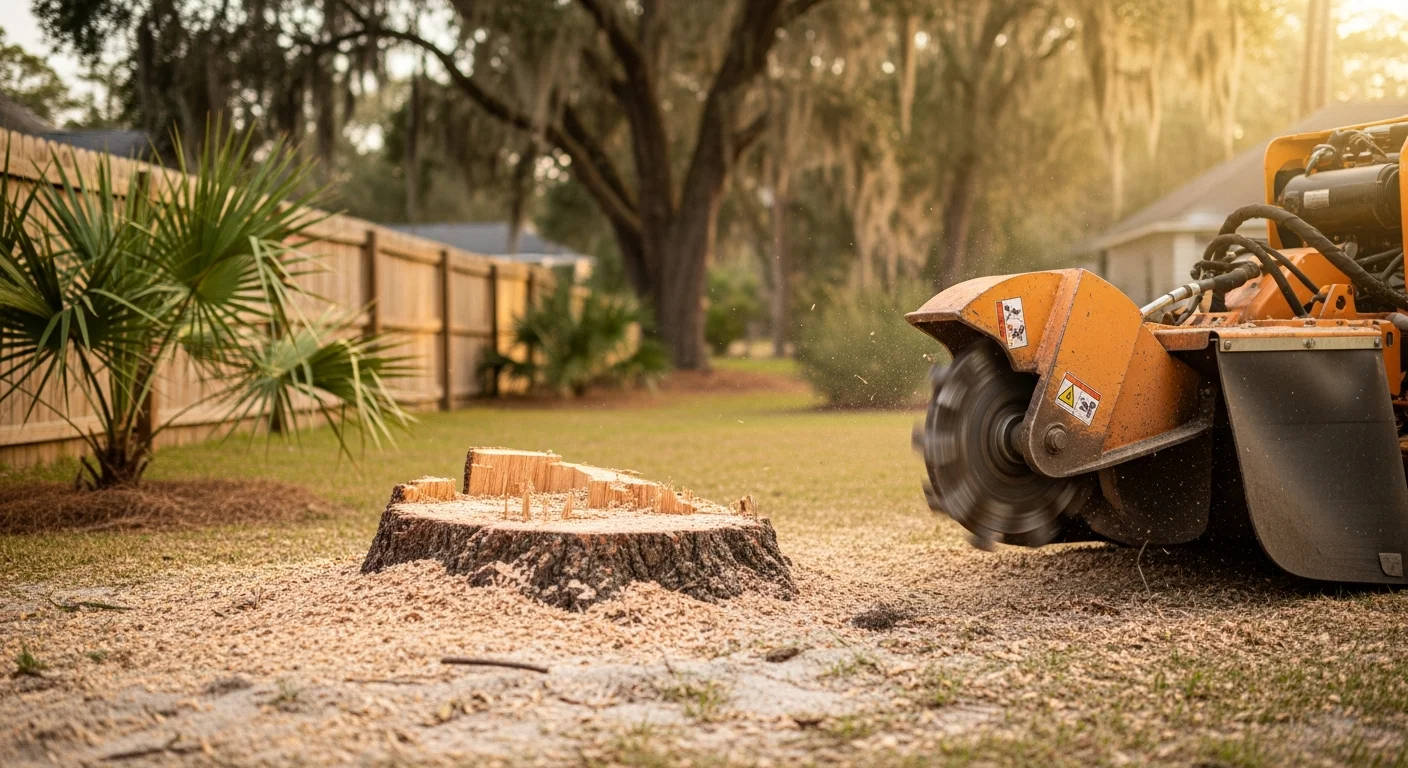 A freshly ground pine stump reduced to wood chips in a residential yard in Horry County, South Carolina. The surrounding lawn and sandy soil remain undisturbed after the grinding process.