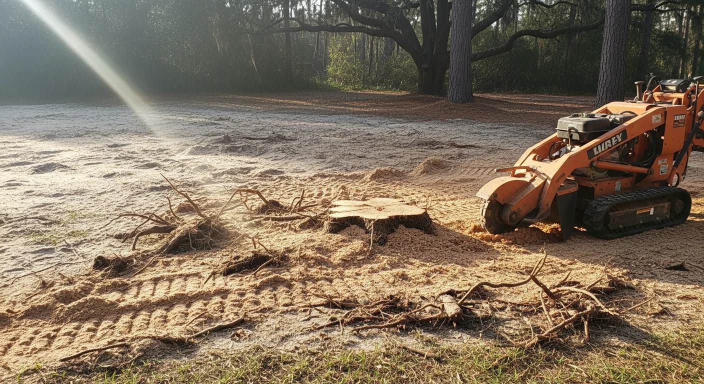 A freshly ground tree stump flush with the lawn surface on a residential property in Horry County, SC. Wood chip mulch surrounds the cleared area where a large pine stump previously stood.