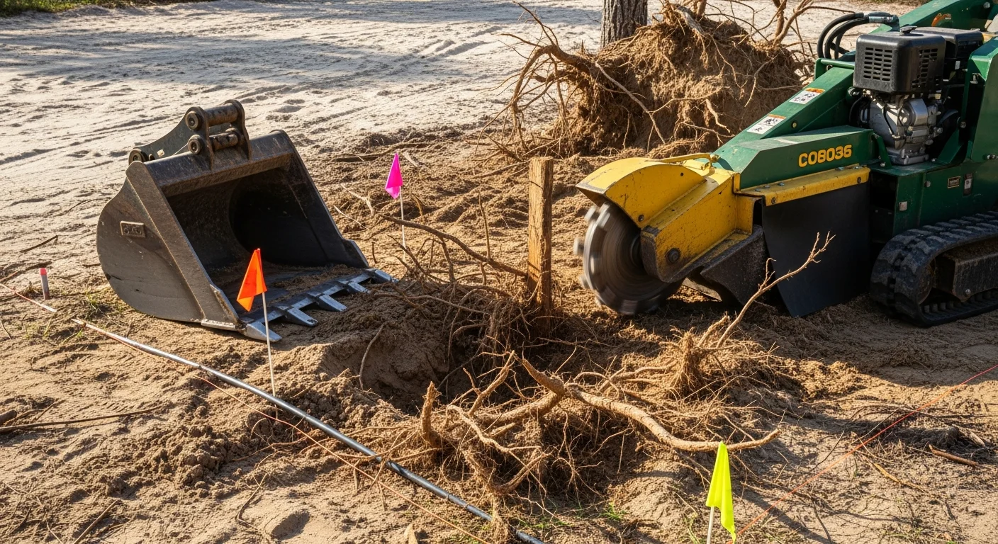 A freshly extracted tree stump site on a residential property in Horry County, SC, showing a level, wood-chip-filled ground area where a large stump once stood. A compact stump grinder is visible on the sandy lawn beside the cleared extraction zone.