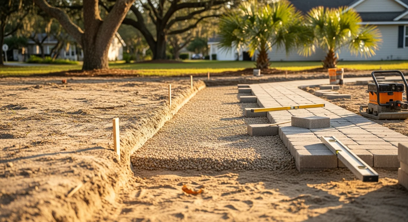 Newly installed hardscape walkway leading to a residential front entry in Horry County, South Carolina. The path shows a level, finished surface set against a coastal lowcountry yard.