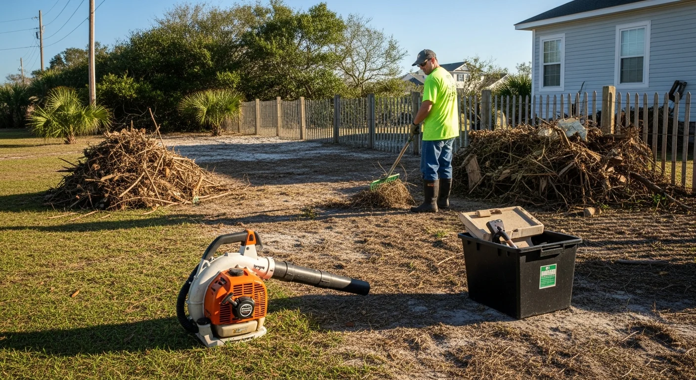 A cleared and cleaned residential yard in Horry County, South Carolina, with trimmed edges, empty landscape beds, and no debris on the lawn. A pile of removed branches and yard waste sits at the curb ready for haul-away.