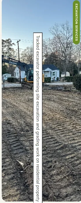 Tracked excavator performing site excavation and grading work on residential property